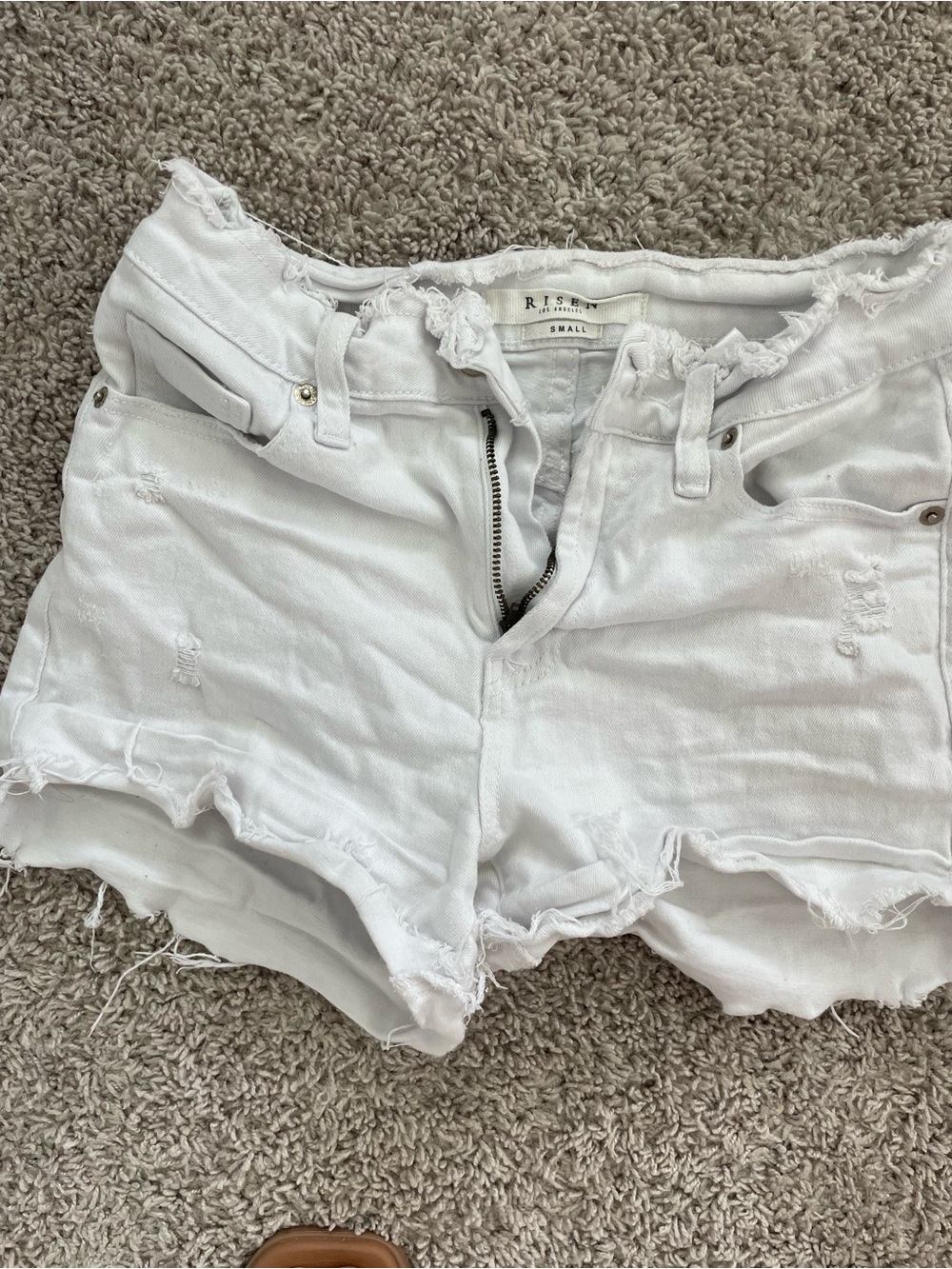 Risen White Distressed Frayed Hem Denim Shorts - Small